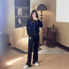 高質量連帽時尚休閒套裝，氣質顯瘦拉鏈外套搭配闊腿褲兩件套女