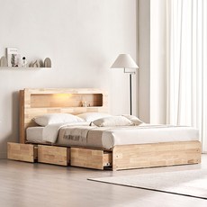 [1만원 할인쿠폰] 스칸디아 레임 3단 빅서랍 LED 수납 원목 침대 (슈퍼싱글/퀸), 06.매트제외_Q(내추럴)