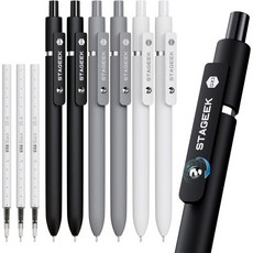 스테이지크 블루 젤 펜 6개의 퀵 드라이 3개의 리필 추가 일기 작성 사무실 메모 학용품 간호사 에스테틱 을 위한 파인 포인트 리트랙터블 부드러운 필기, Black Gray White