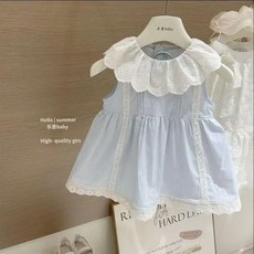 樂baby 夏季女童藍色花邊領娃娃裙 寶寶純棉無袖背心裙