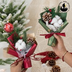 聖誕節小花束禮盒 DIY搭配創意禮物 麋鹿棉花鬆果乾燥花 假花 臺灣熱賣, 聖誕樹白色款,20*15*5cm