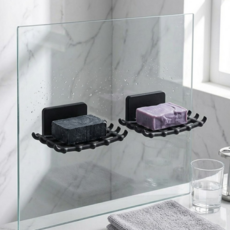 모어유 물빠짐 비누받침대 무타공 접착식 욕실 벽걸이 실리콘 비누거치대 화장실 세면대 정리, 1세트, 네츄럴블랙+네츄럴블랙