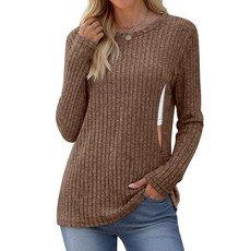 Yearntown 여성용 수유 셔츠 모유 수유 긴소매 탑 골지 보온 스웨터 숨겨진 지퍼 가을 겨울 임산부 브라운. M