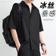 夏季青少年冰絲短袖襯衫男薄款潮牌五分袖襯衣外套