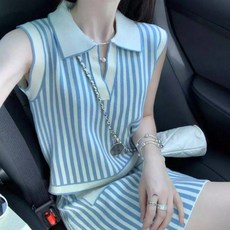 法式條紋無袖兩件套