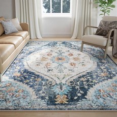 CAPALOCA 씽크대 세정제 거실용 5x7 영역 러그 세탁기 세탁 가능 빈티지 보호 침실 카펫 미끄럼 방지 로우 파일 발수제 소프트 프린트 패턴 실내 장식 폴리에스테르 베이지, Beige/Blue, 1개