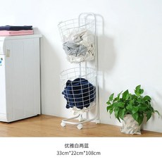 빨래통 블랙 철제 선반 2단 바퀴달린 세탁 빨래바구니2단, C. 흰색 대형 2개 바구니