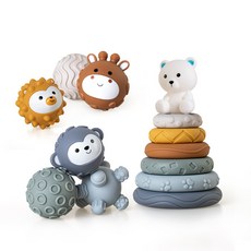 臺灣出貨 嬰幼兒手抓球玩具 軟膠方塊積木疊疊圈 捏捏手感球 堆疊玩具, 白熊疊疊樂手感球套裝（13PCS)盒裝, 1個