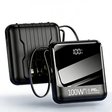 KJJ 大容量行動電源 可上飛機 20000mAh 電量顯示 自帶雙線 多孔輸出 快充 Lightning+TYPE C QC3.0 行動充 口袋寶 充電寶 行充, 黑色, 20000毫安行動電源