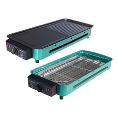 tounichi 東日 電熱燒烤爐 無煙電烤爐 家用多功能烤盤 室外烤肉烤串燒烤架, 天藍色電烤爐+烤盤+烤網+接油盤