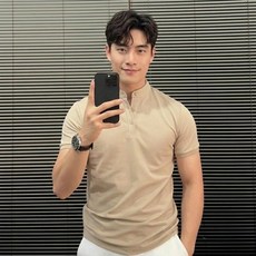 ANYOU 남성 여름 반팔 헨리넥 티셔츠 오버핏 캐주얼 니트웨어