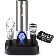 Zulay Kitchen 전기 와인 오프너 4피스 선물 세트 충전 베이스 포함 - 호일 커터 에어레이터 및 푸어러 진공 스토퍼 부드럽고 빠른 코르크 마개를 위한 자동 병 스