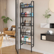 GOOD HOME 철제 주방 선반 다용도 수납 정리랙 다층 조미료 선반 거실 욕실 다용도 틈새 선반 문뒤 책장 수납장, 5단, 블랙