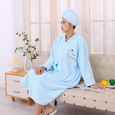女士浴袍珊瑚絨加厚長袖交叉綁帶家居浴裙幹髮帽可穿式浴巾居家沐浴睡衣 #天空藍 #(長袖綁帶浴袍+幹發帽)兩件組, (長袖綁帶浴袍+幹發帽)兩件組