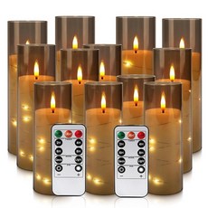 YOROXRG 방수 야외 불꽃 없는 양초 24개 세트 리모컨 및 타이머 4개가 있는 LED 캔들 높이 10.2cm(4인치) 12.7cm(5인치) x 깊이 5.6cm(6인치), 12스트링-그레이