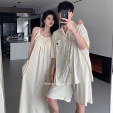 韓版情侶睡衣帶胸墊吊帶睡裙寬鬆短袖短褲家居服套裝