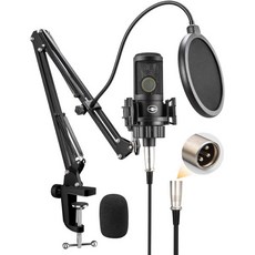 XLR 콘덴서 마이크로폰 26mm 대형 다이어프램 전문가용 카디오이드 녹음 스튜디오 마이크 키트 금속 데스크탑 스탠드 포함 팝 필터 스트리밍 팟캐스트 게임 보이스 오버, 붐 암 키트, 검은색 붐 암 키트