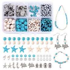 BB Beadthoven DIY 청록색 비즈 주얼리 제작 키트 820피스 믹스 블루 터키석 라운드 비즈 십자가 거북이 불가사리 비즈 빈티지 실버 비즈 펜던트 바다 보헤미안 팔찌, 0Ocean 테마 키트(청록색 비즈+합금 펜던트+유리