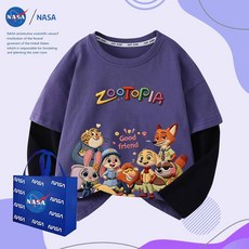 주토피아 캐릭터 맨투맨 티셔츠 자수 긴팔 남아 봄 초등학생 아동 순면 키즈 라운드, 1개, TTZ0846 퍼플