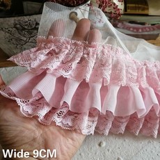 핑크 쉬폰 레이스 아플리케 3D 꽃 자수 프린지 리본 바느질 커프스 칼라 스커트 의류 장식 9cm 너비 3 레이어, 1개