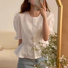 부엉구구 OW0226A 여성 여름 라운드넥 벌룬 반팔 셔츠 블라우스