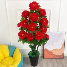 仿真牡丹花樹大盆景客廳室內裝飾擺件，假花落地盆栽超仿真綠植，提升居家品味, 1.5米螺紋桿牡丹大紅+草+盆, 1個
