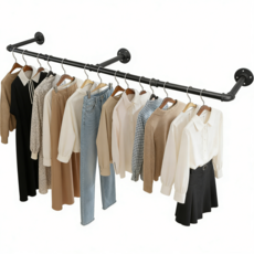 리빙가감법 벽걸이 행거 파이프 산업용 매장용 가정용 의류 벽행거 벽고정 벽면 벽에 붙이는 옷걸이 시스템행거 철제 봉 옷가게 벽부착, 184cm, 블랙