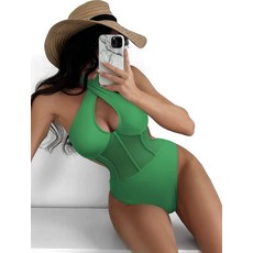 歐美新款性感壓杠連體拼紗泳裝泳衣比基尼bikini 跨境 亞馬遜, 綠色