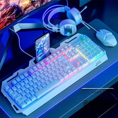 게이밍 기계식 키보드 마우스 헤드셋 세트 유선 무소음 저소음 디자인 여성용 데스크탑 노트북용 e스포츠 게임용 주변기기 가성비 좋은 추천 아이템, 키패드, 블랙 오렌지 라이트 키보드 회전, 단일 모델