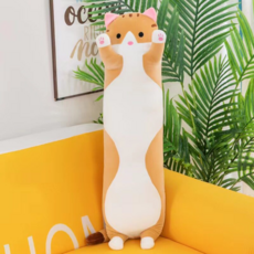 可愛長條貓抱枕 柔軟毛絨玩具大號布娃娃靠枕, 黃色猫咪|50cm