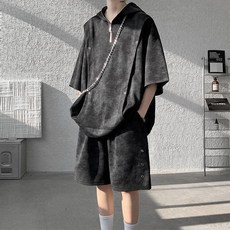 美式複古大碼短袖套裝男夏季寬鬆休閒運動T卹短褲潮牌紮染兩件套