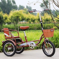 성인 세발 자전거 삼륜 노인 안전 어르신 철망 바구니, 14인치 브라운 접이식 손잡이 시트, 1개