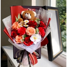 믹스알리 비누 장미 꽃 곰돌이 비누꽃다발 10송이+선물박스 어버이날 스승의 날 선물, 1개, 02빨강