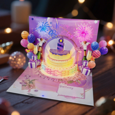 라나즈초이스 3D 입체 생일 축하 카드 음악 풍선 촛불 연출 고급스러운 메시지 카드, 보라, 1개