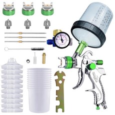 페인트 스프레이어 600ML 혼합 퀵 컵 10개 포함 건 세트 노즐 1.4/1.7/2mm 및 압력 게이지 3개 자동차 도장용 건 가구 표면 (그린 키트), Green Set, 1개