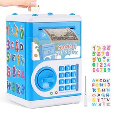 아동용 돼지 저금통 ATM 은행 저금통 돈 안전 현금 동전 캔 암호 포함 전자 화폐 은행 장난감 DIY 스티커 포함 만 3-11세용 남아 여아 생일 블루