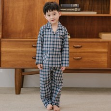 JJiniya 40支棉男童格紋長袖睡衣+長褲