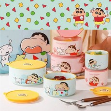 캐릭터 짱구는못말려 세라믹 밀폐용기 세트 보관용기 원형 도시락 죽통 이유식 아기 유아 어린이, 브라운, 1세트, 850ml