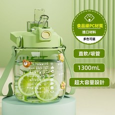 大肚杯女款吸管水杯，高顏值大容量耐高溫兒童水壺, 藍色1.3L-食品級PC-可裝開水,基礎款-贈貼紙, 1個