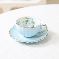 輕奢陶瓷咖啡杯套裝 精緻英式下午茶杯 美容院花茶杯 掛耳杯, 南瓜純色藍1杯碟送梅花勺, 1個