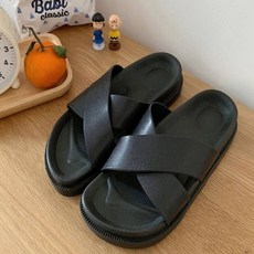 슬라이드 플랫 레더 통굽 여자 뮬 슬리퍼 스트랩 X자
