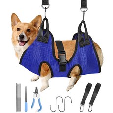 PatientceET 보안 스트랩 적용 반려견 그루밍 해먹 손톱깎이 트리머 네일 파일 빗 포함 발톱 관리 슬링 세트 (XS), S (17 LB Max), Blue