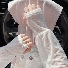 蕾絲防曬冰袖女士薄款透氣護袖 寬鬆騎車戶外用, 白色,均碼【加長高密度】, 1個