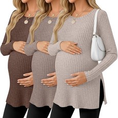 Ficerd 3팩 여성용 임산부 셔츠 긴소매 골지 임산부 스웨터 스쿱넥 슬릿 사이드 니트 티 엄마 의류 라이트 카키 커피 다크 브라운 XL