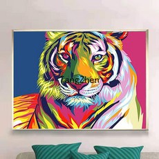 【TangZhen】유화그리기 유화그리기세트 유화 diy 채색 디지털 그림 만화 동물 어린이 수제 그림 그리다 거실 방 침실 장식품, 154 컬러 호랑이 머리, 40*50cm 내장 2.5 두께(색천)