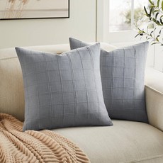 ZeeMart 리넨 체크 요추 장식용 쿠션 커버 2개 세트 30.5x50.8cm(12x20인치) 전체 그리드 토프 농가 장식 양면 자수 소파 베개 토프 면 187368 85, 블루 애쉬/크림