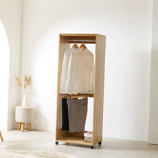 오픈형 행거 드레스 바퀴형 다용도 이동식 옷걸이 원목 거실 수납 간이, 오크-이동형