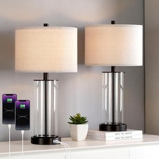 KAWOTI 58.4cm(23인치) 투명 유리 테이블 램프 2개 침실 세트 USB 포트 및 AC 콘센트 거실 나이트 스탠드 전구 포함 254239 8764014998