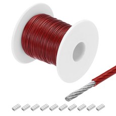 MECCANIXITY 100피트30M 와이어 로프 304 스테인리스 스틸 케이블 3641mm 비닐 10장의 알루미늄 슬리브로 코팅되어 있어 매달림 빨랫줄 빨간 팅, 30M x 1 mm, Red, 1