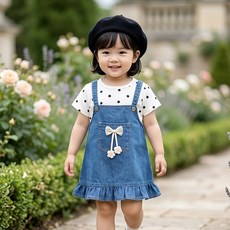 몽실이 도트반팔 데님 멜빵원피스 여아 여름 반팔 원피스 어린이집 등원룩